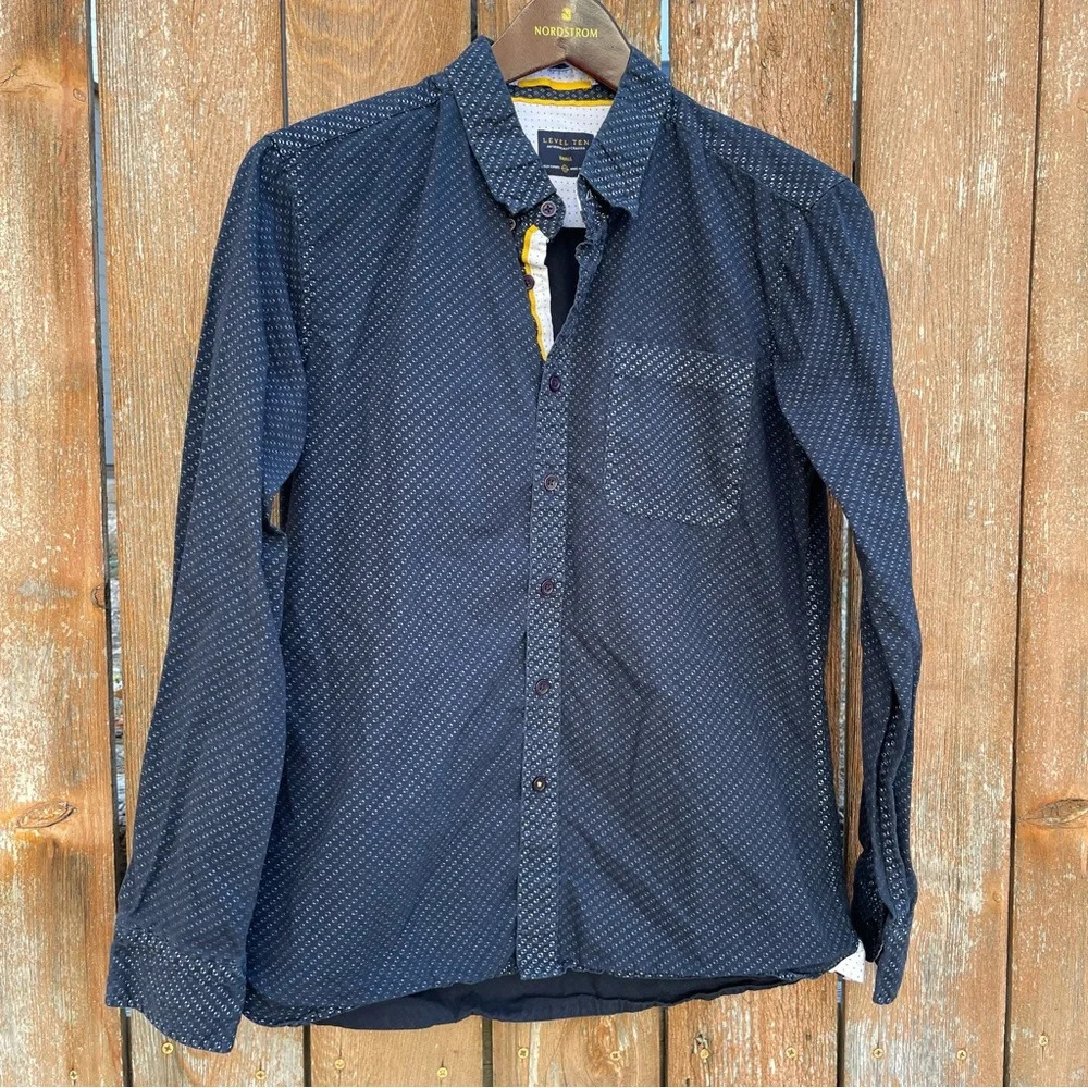 LEVEL TEN Men’s Navy Blue White Pattern Button Down Long Sleeve Shirt Size Small